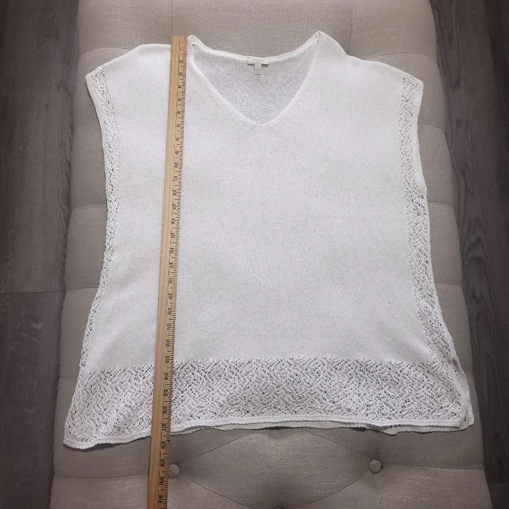 Talbots Solid White Linen Cotton V Neck Knit Sweater Top Blouse Crochet S/M